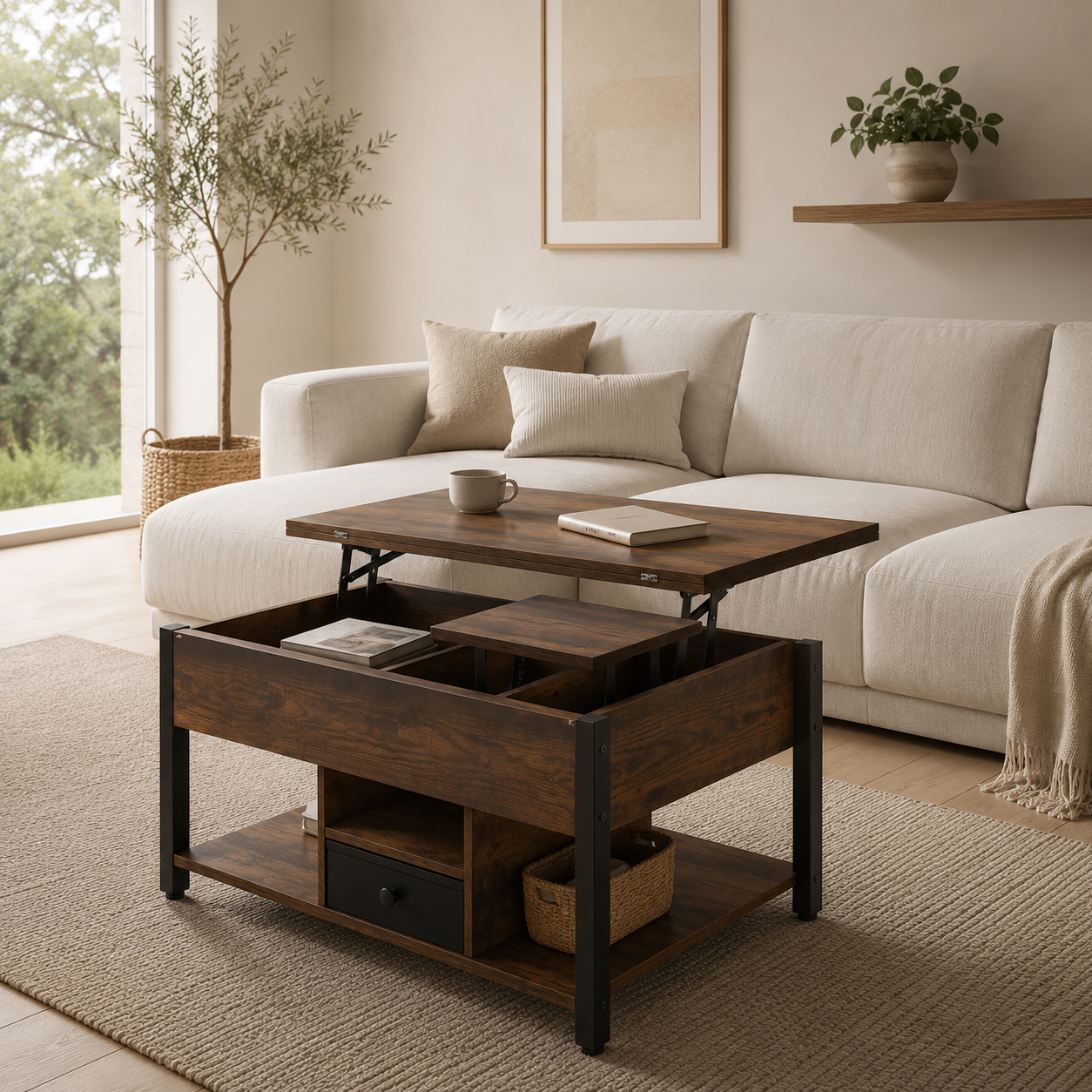 Lift Top Coffee Table with Hidden Storage | Rustic Industrial Center Table for Living Room