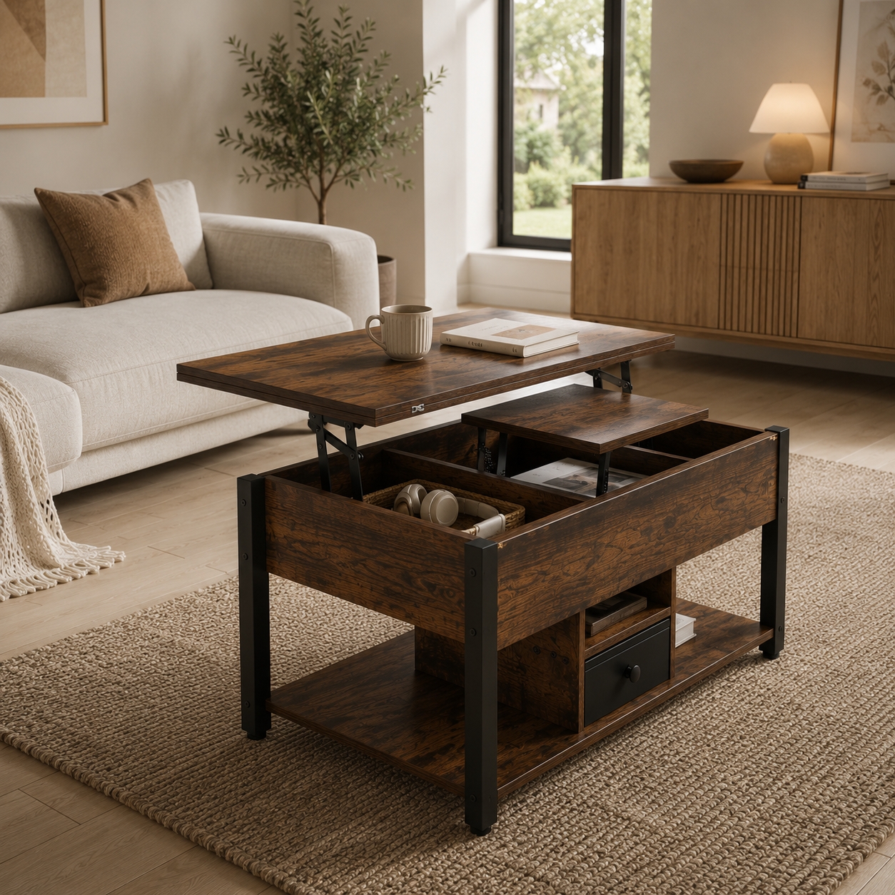 Lift Top Coffee Table with Hidden Storage | Rustic Industrial Center Table for Living Room