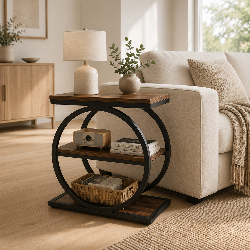 Round Industrial End Table with Storage Shelves | Rustic Farmhouse Side Table for Living Room