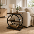 Round Industrial End Table with Storage Shelves | Rustic Farmhouse Side Table for Living Room