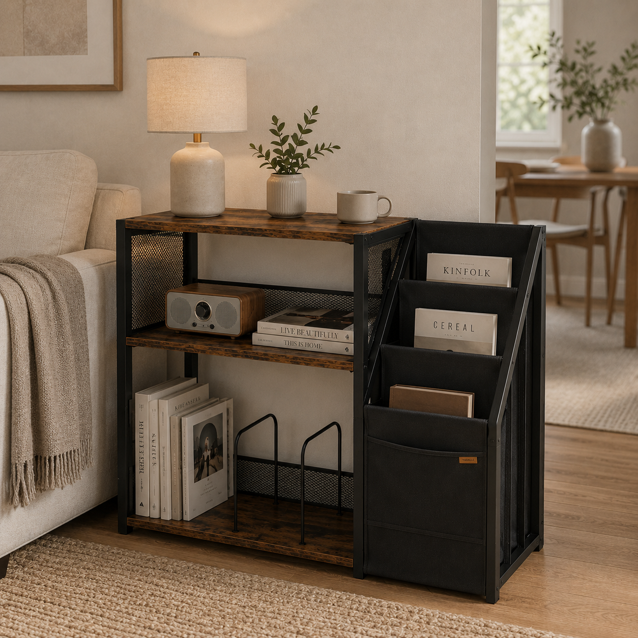 Rustic Industrial Bookshelf with Magazine Rack | Farmhouse Storage Organizer for Living Room & Office