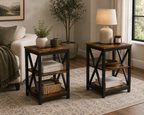 Rustic Industrial End Table with Storage Shelf & Basket Space | Farmhouse Side Table for Living Room & Bedroom