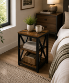 Rustic Industrial End Table with Storage Shelf & Basket Space | Farmhouse Side Table for Living Room & Bedroom