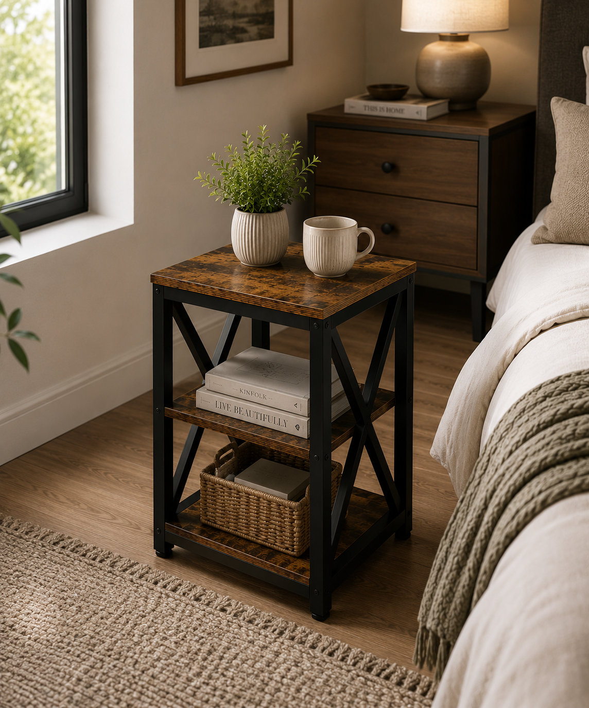 Rustic Industrial End Table with Storage Shelf & Basket Space | Farmhouse Side Table for Living Room & Bedroom