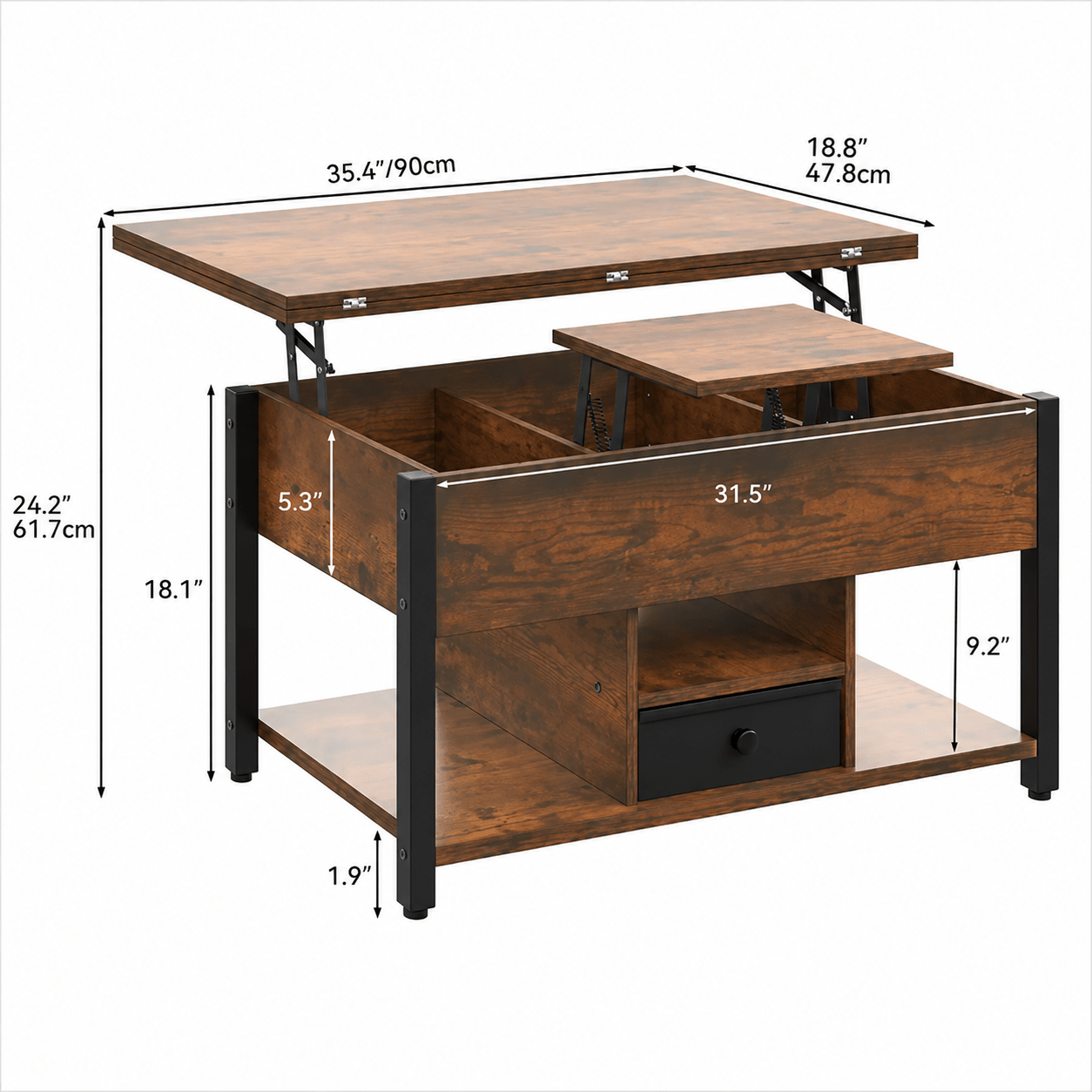 Lift Top Coffee Table with Hidden Storage | Rustic Industrial Center Table for Living Room - Our Family House