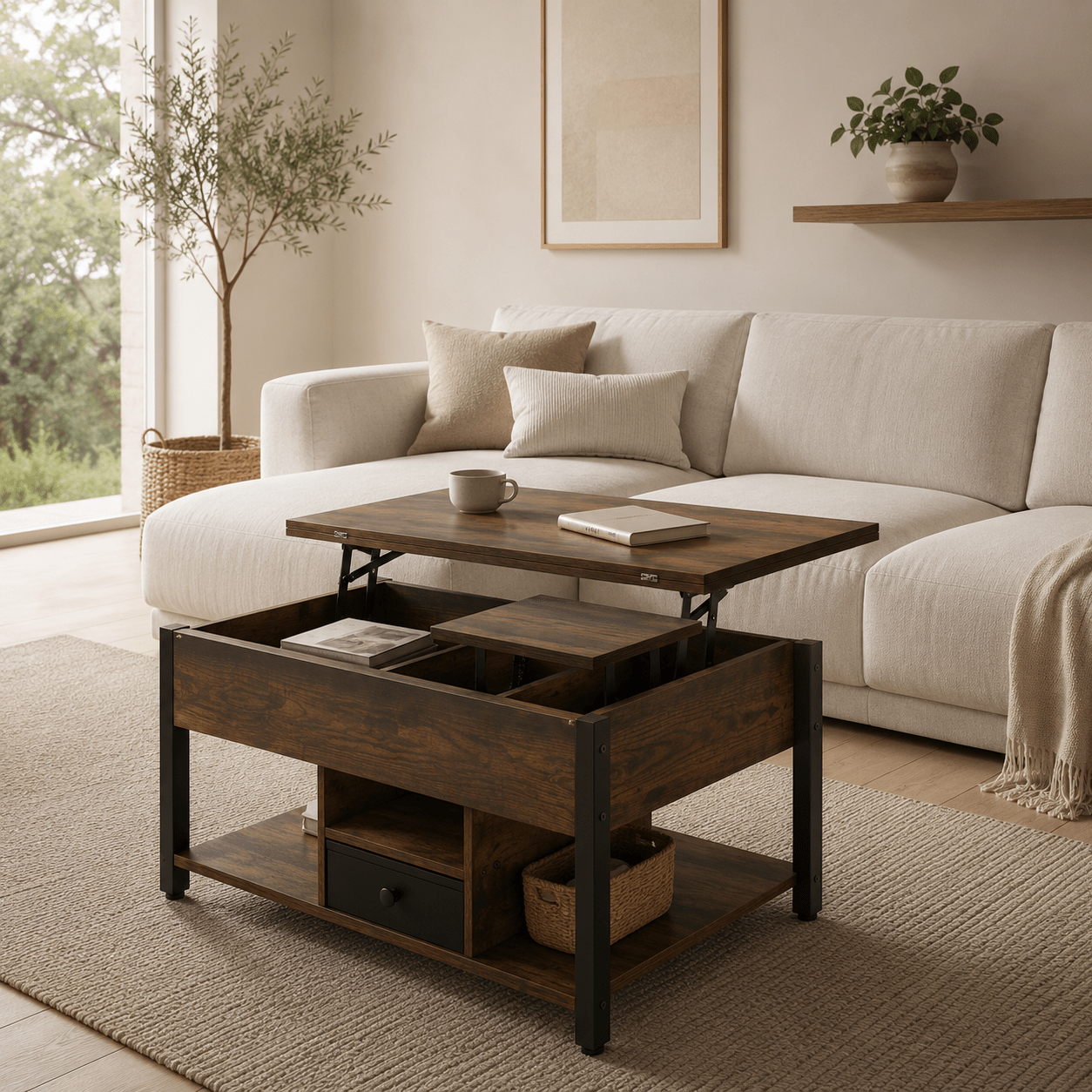 Lift Top Coffee Table with Hidden Storage | Rustic Industrial Center Table for Living Room - Our Family House