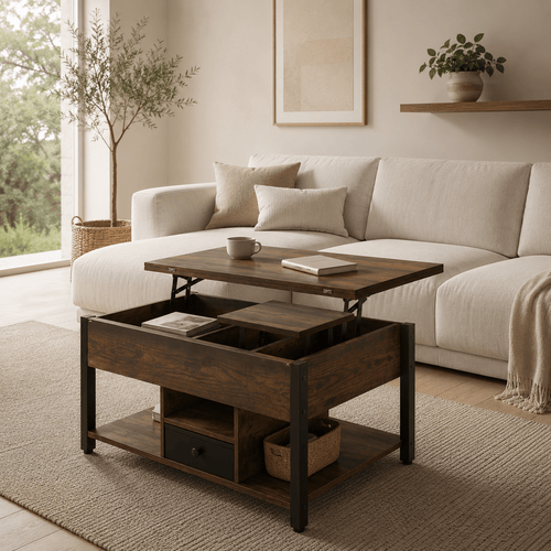 Lift Top Coffee Table with Hidden Storage | Rustic Industrial Center Table for Living Room - Our Family House