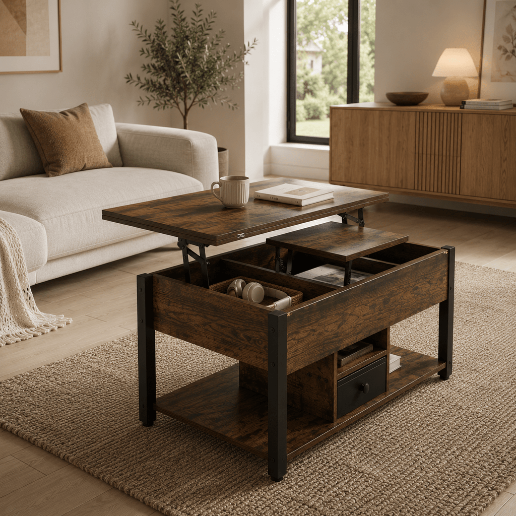 Lift Top Coffee Table with Hidden Storage | Rustic Industrial Center Table for Living Room - Our Family House