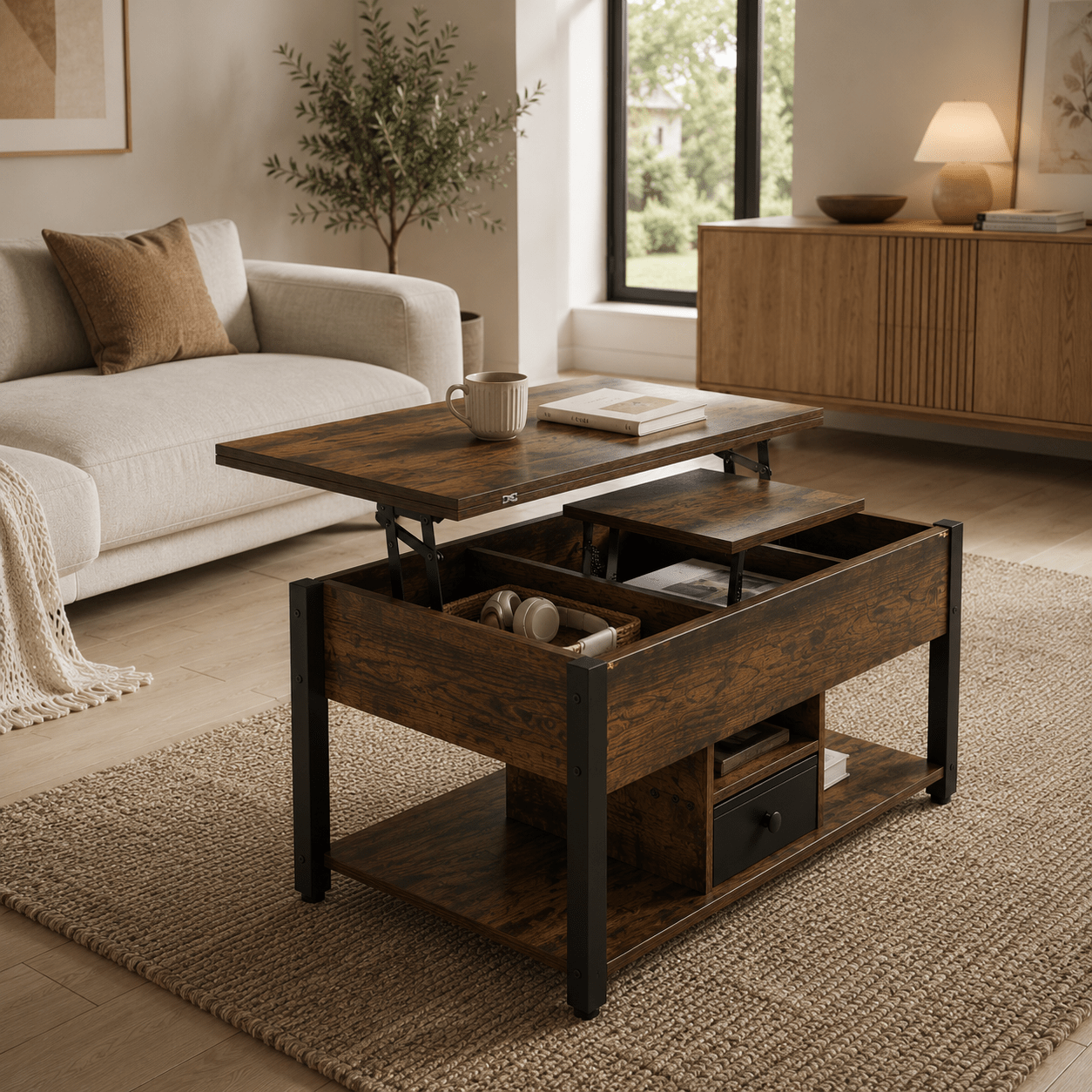 Lift Top Coffee Table with Hidden Storage | Rustic Industrial Center Table for Living Room - Our Family House