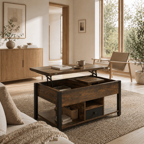 Lift Top Coffee Table with Hidden Storage | Rustic Industrial Center Table for Living Room - Our Family House