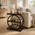 Round Industrial End Table with Storage Shelves | Rustic Farmhouse Side Table for Living Room - Our Family House
