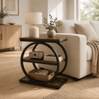 Round Industrial End Table with Storage Shelves | Rustic Farmhouse Side Table for Living Room - Our Family House