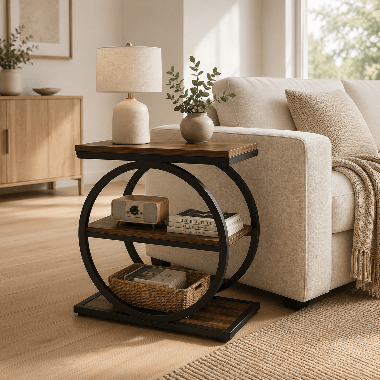 Round Industrial End Table with Storage Shelves | Rustic Farmhouse Side Table for Living Room - Our Family House
