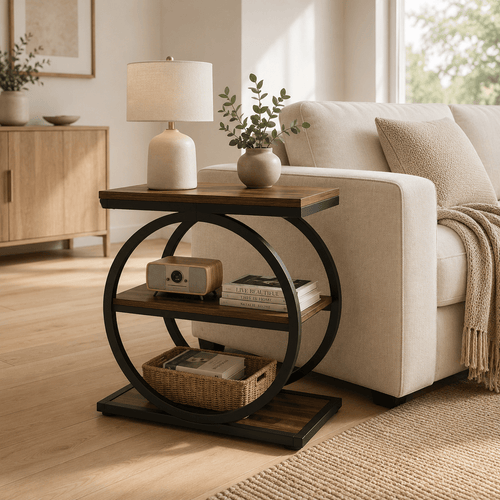 Round Industrial End Table with Storage Shelves | Rustic Farmhouse Side Table for Living Room - Our Family House