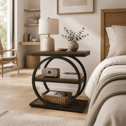 Round Industrial End Table with Storage Shelves | Rustic Farmhouse Side Table for Living Room - Our Family House
