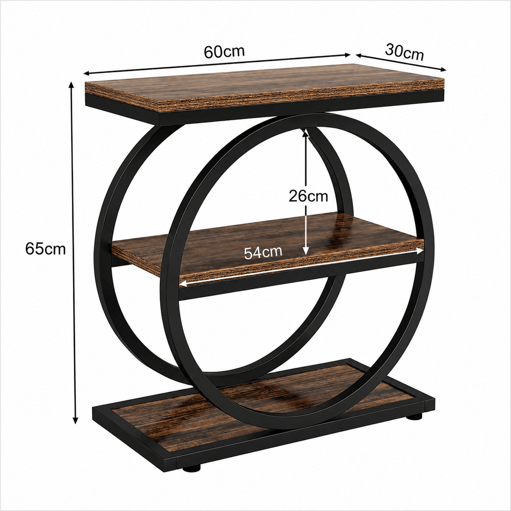 Round Industrial End Table with Storage Shelves | Rustic Farmhouse Side Table for Living Room - Our Family House