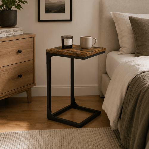 Rustic C-Shaped End Table for Sofa & Bed | Industrial Snack Table with Wood Top (1-item) - Our Family House