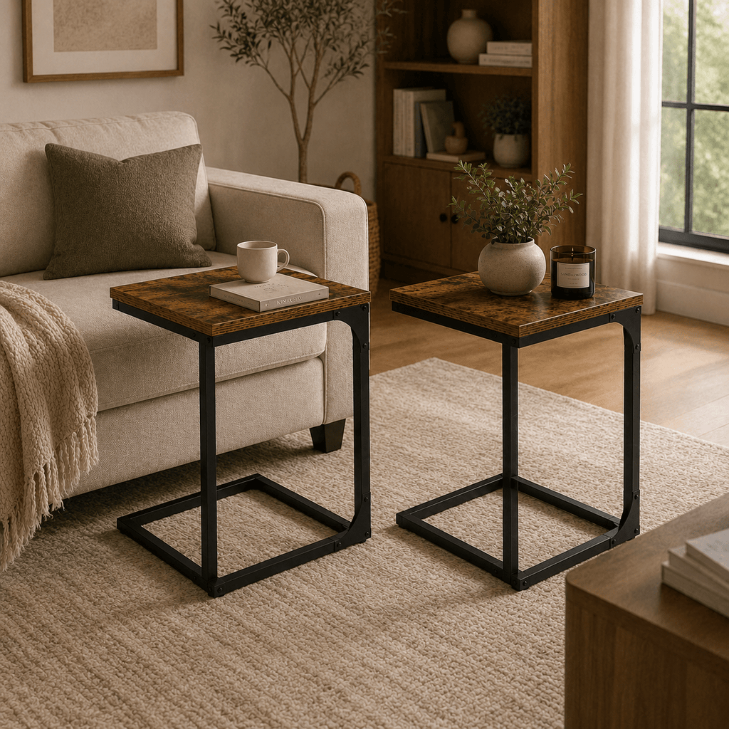 Rustic C-Shaped End Table for Sofa & Bed | Industrial Snack Table with Wood Top (1-item) - Our Family House