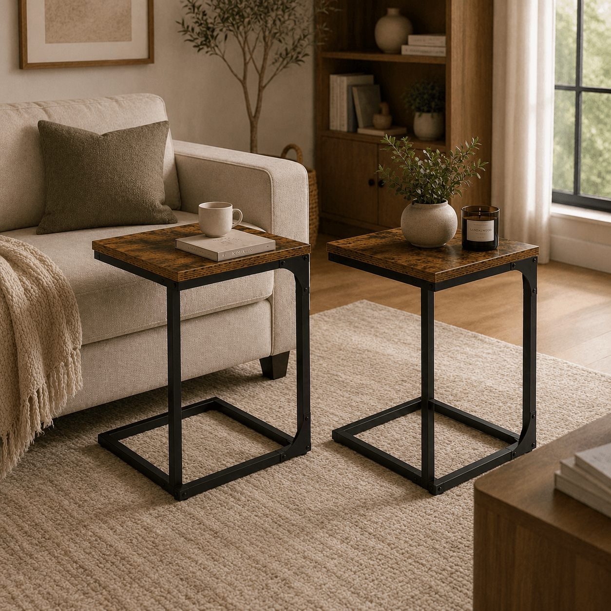 Rustic C-Shaped End Table for Sofa & Bed | Industrial Snack Table with Wood Top (1-item) - Our Family House