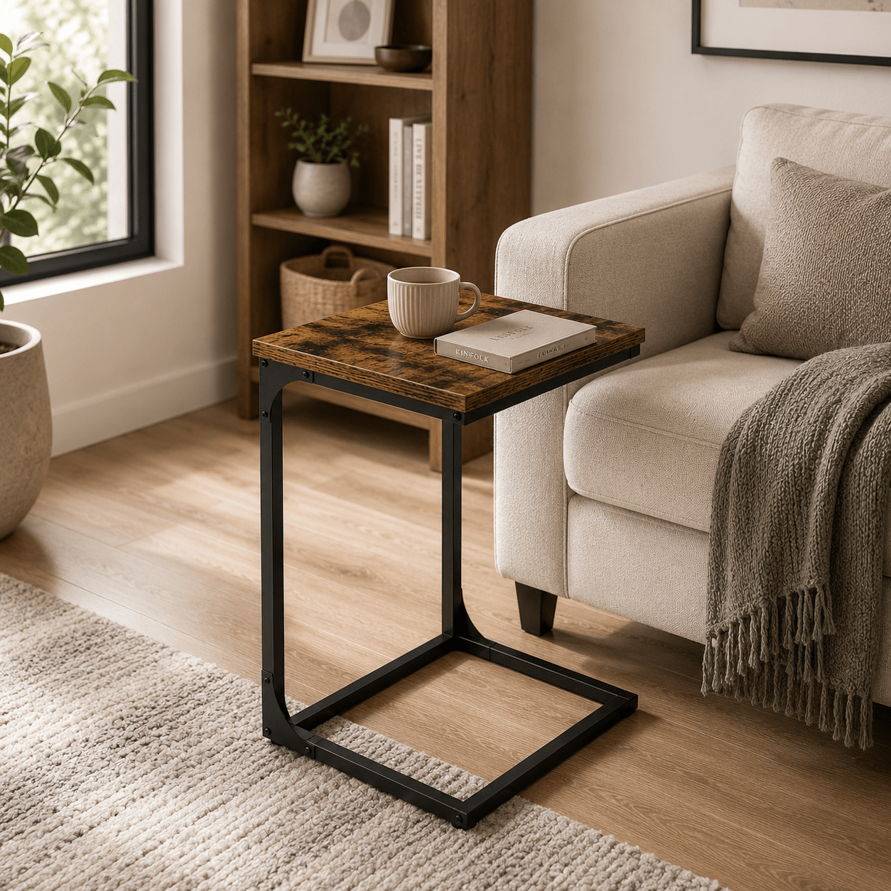 Rustic C-Shaped End Table for Sofa & Bed | Industrial Snack Table with Wood Top (1-item) - Our Family House