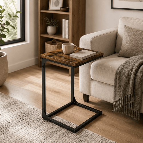 Rustic C-Shaped End Table for Sofa & Bed | Industrial Snack Table with Wood Top (1-item) - Our Family House