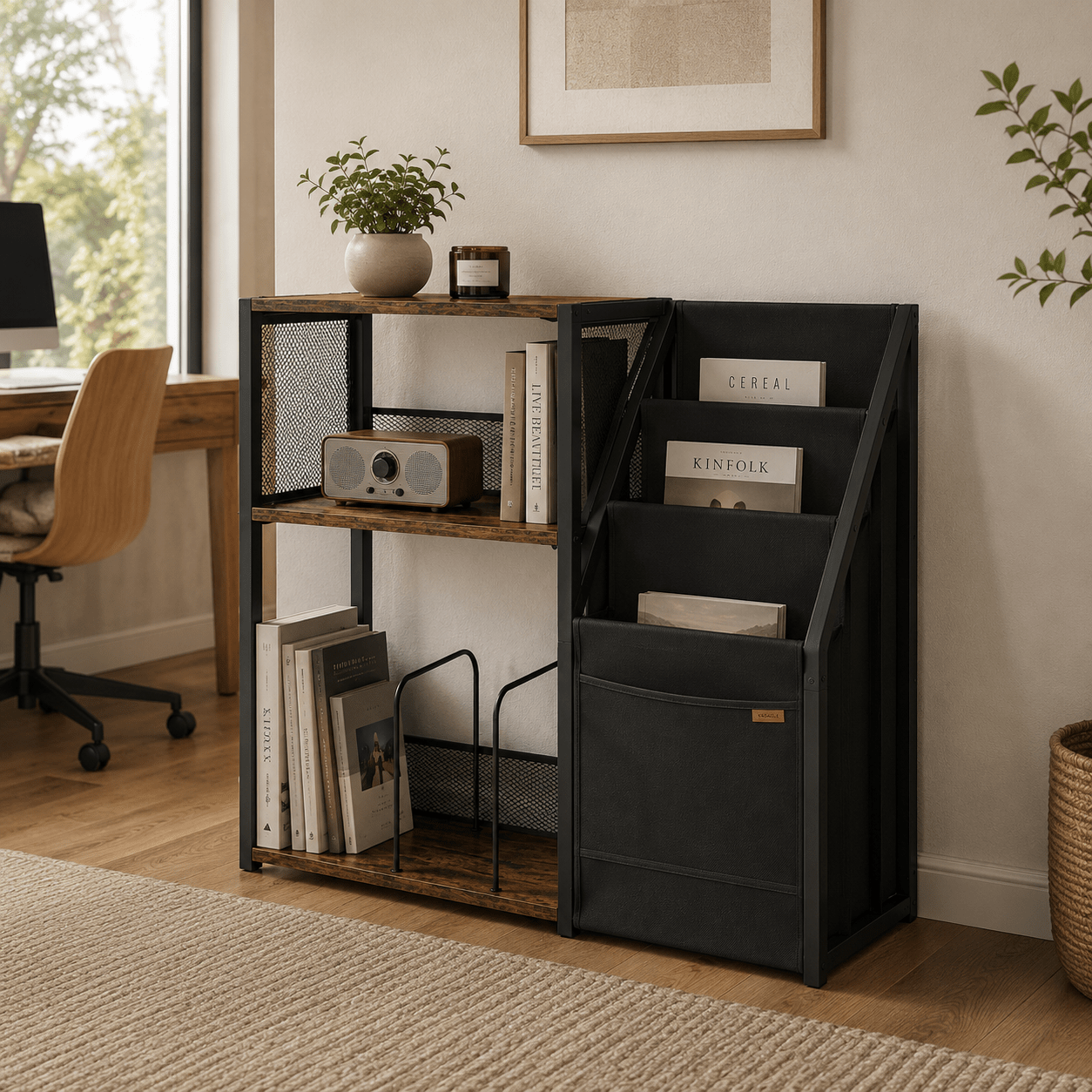 Rustic Industrial Bookshelf with Magazine Rack | Farmhouse Storage Organizer for Living Room & Office - Our Family House