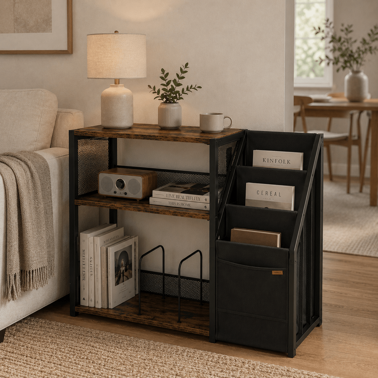 Rustic Industrial Bookshelf with Magazine Rack | Farmhouse Storage Organizer for Living Room & Office - Our Family House
