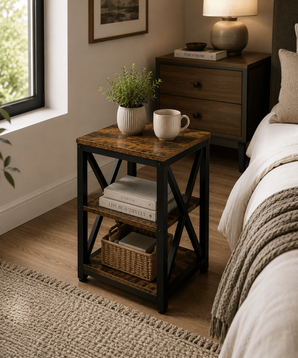 Rustic Industrial End Table with Storage Shelf & Basket Space | Farmhouse Side Table for Living Room & Bedroom - Our Family House
