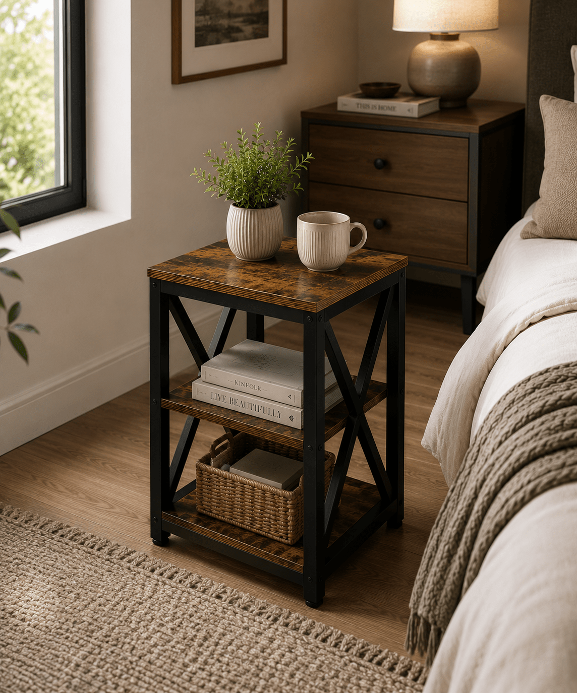 Rustic Industrial End Table with Storage Shelf & Basket Space | Farmhouse Side Table for Living Room & Bedroom - Our Family House