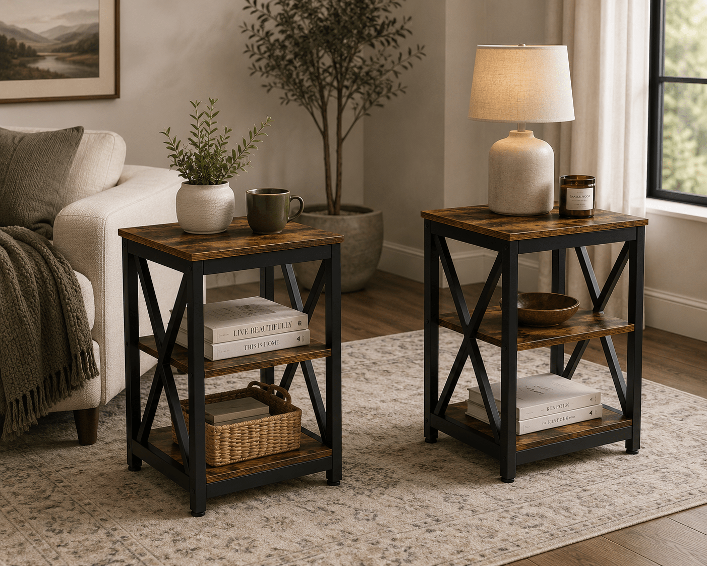 Rustic Industrial End Table with Storage Shelf & Basket Space | Farmhouse Side Table for Living Room & Bedroom - Our Family House