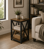 Rustic Industrial End Table with Storage Shelf & Basket Space | Farmhouse Side Table for Living Room & Bedroom - Our Family House