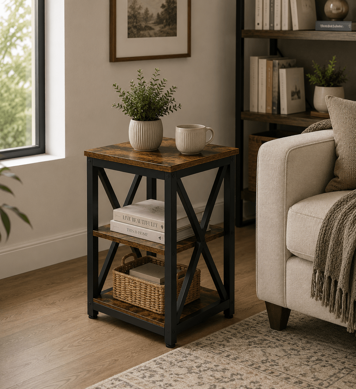 Rustic Industrial End Table with Storage Shelf & Basket Space | Farmhouse Side Table for Living Room & Bedroom - Our Family House